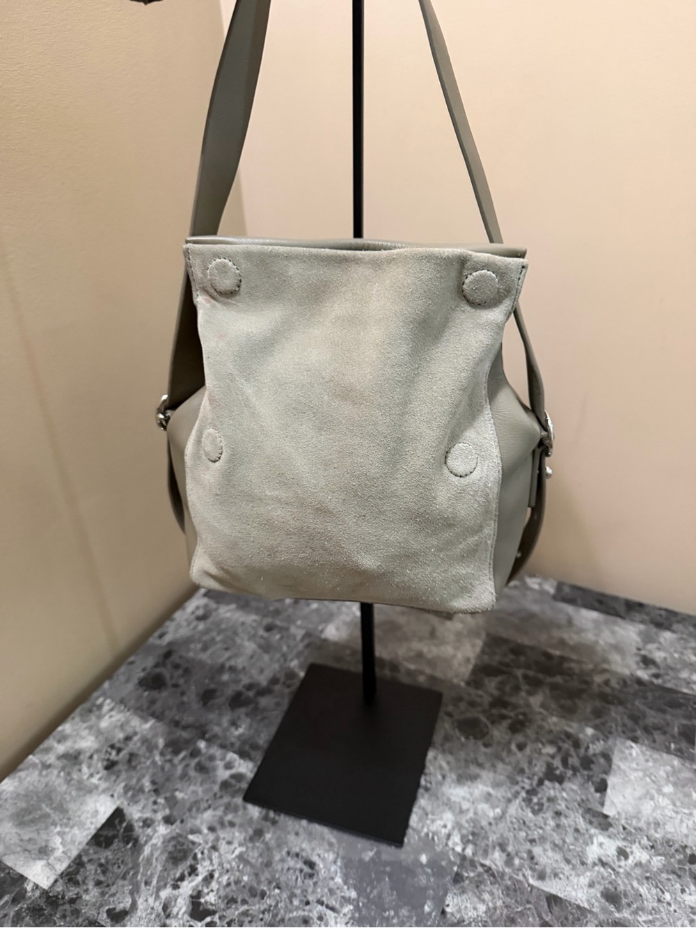 All saint  Suede and Leather Shoulder Bag in Light Sage